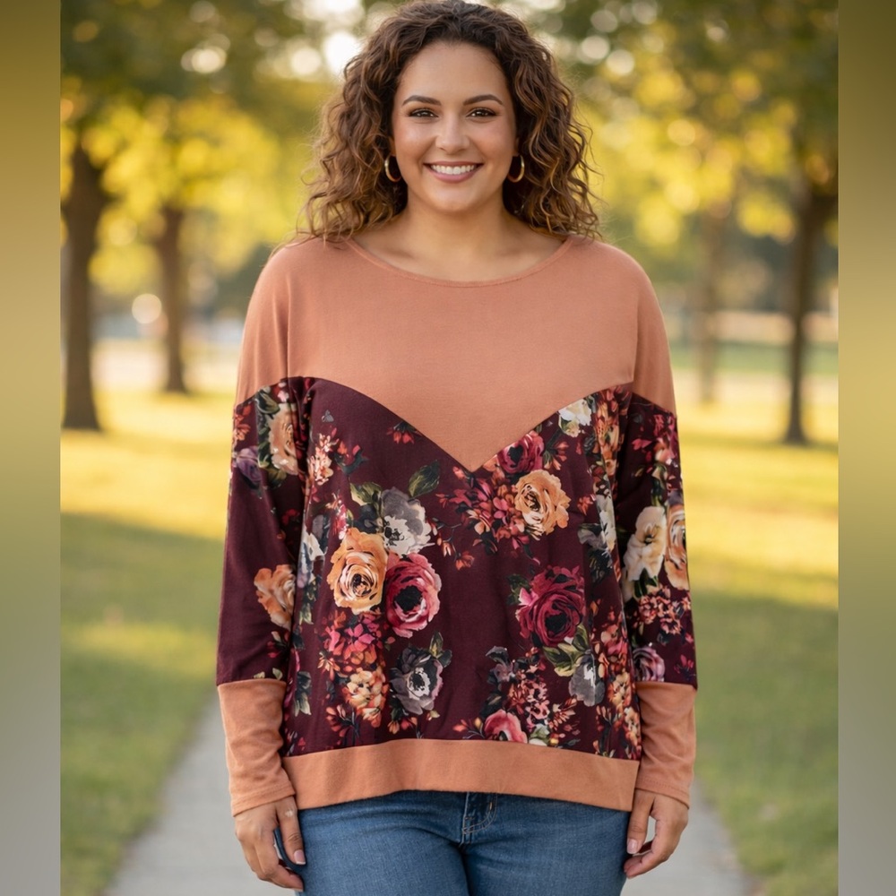 A.gain Elegant Floral Long Sleeve Top size 2X